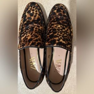 Zara Leopard print furskin leather loafers, Size 38, heel height 2cm